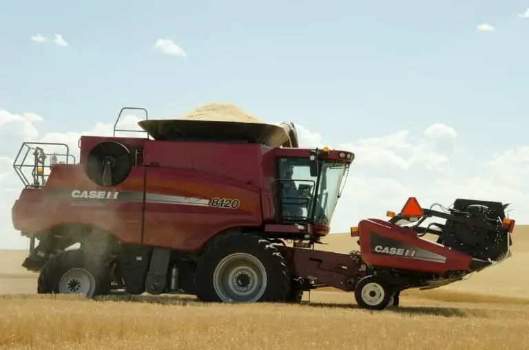 Combine harvesting a field of wheat