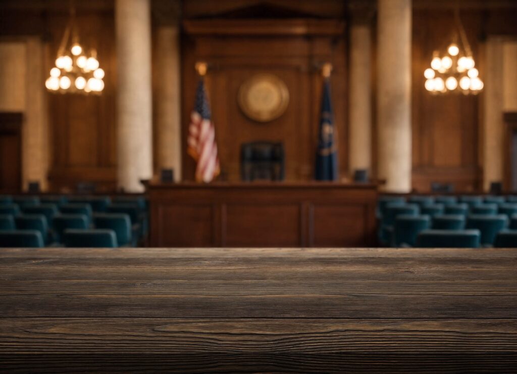 Empty courtroom with the judge's bench and American flags