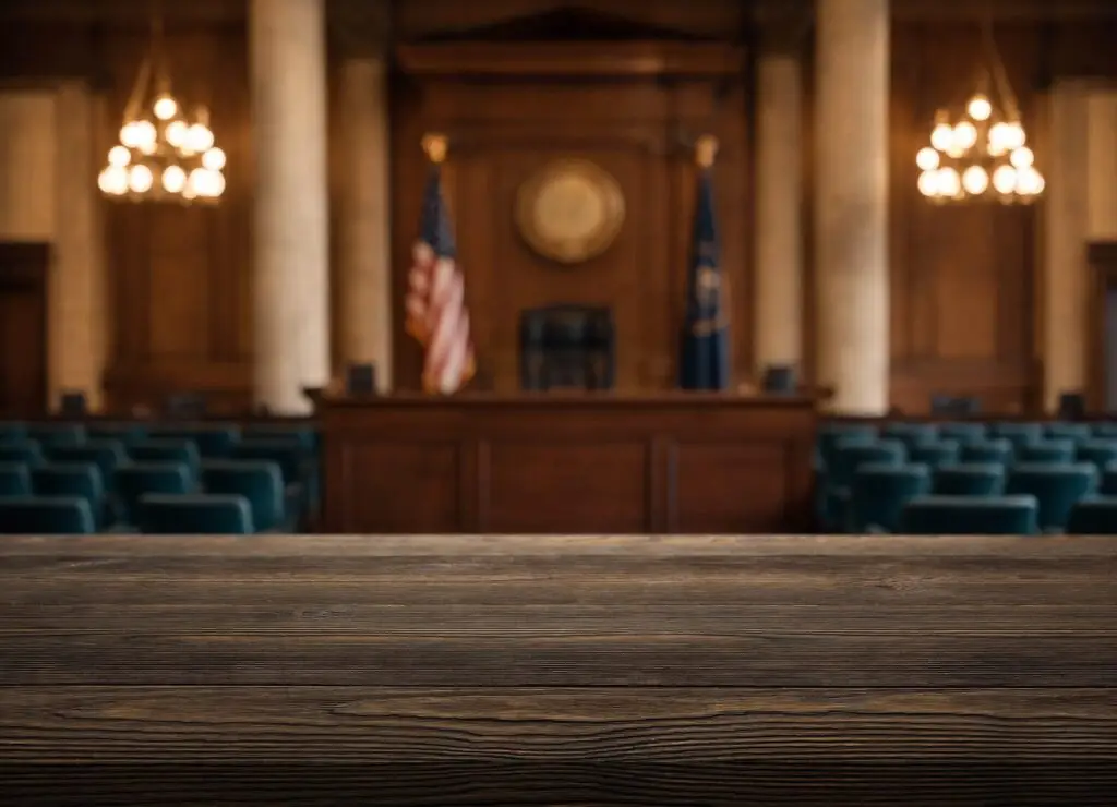 Empty courtroom with the judge's bench and American flags